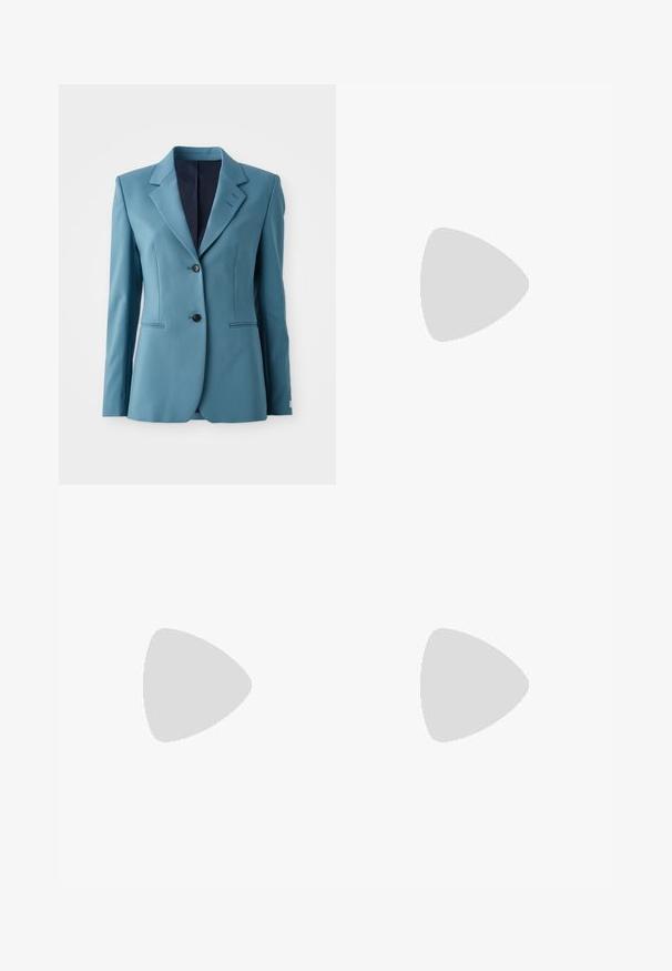 Teal blazer with a structured design, notched lapels, two buttons, and side pockets. Smooth fabric with a subtle sheen. Lined interior.; Light beige long-sleeve top with high collar and a back zip, made of a soft, smooth fabric; features a fitted design and straight hem.; Gray tailored trousers with a straight leg, textured fabric, mid-rise waist, and two front pockets. No visible fastenings or patterns.; Black slingback heeled shoes with a pointed toe, smooth leather material, and a sleek, minimalistic design. High stiletto heel.; Silver hoop earrings with a smooth, rounded design and a wavy accent featuring small, clear rhinestones along one edge.; Black and cream pouch with geometric pattern, featuring a zip closure and a detachable strap. Textured fabric with a smooth finish.