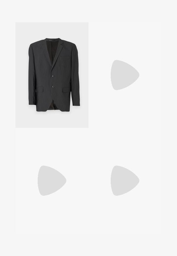 Black pinstriped blazer with two-button closure, notch lapels, side pockets, single chest pocket, and lined interior. Tailored fit.; White cotton t-shirt with green ribbed collar and sleeve accents. Features bold green text spelling "oasis" on the front.; Black athletic pants with an elastic waistband, featuring white side stripes and a small logo. Material appears soft and lightweight.; Black leather loafers with a braided detail, tassel accents, and a thick, translucent sole featuring an orange stitching line.