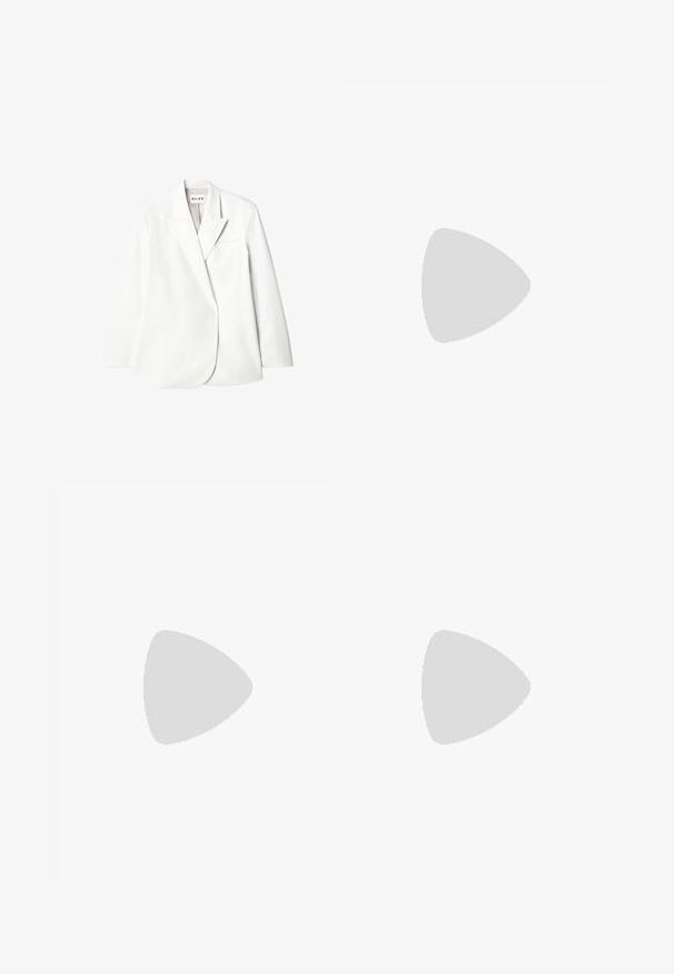 White dress blazer crafted from smooth fabric, featuring notched lapels, a single chest pocket, and a tailored silhouette.; White short-sleeve t-shirt with a round neckline, soft texture, and a relaxed fit. Slightly curved hemline adds a casual touch.; White cotton skirt with a tiered ruffle design, featuring eyelet details. Elastic waistband and worn with beige espadrille sandals.; Black heeled sandal with a square, chunky heel, featuring multiple thin straps across the foot and an open back design. Smooth leather texture.; Black leather handbag with a structured shape, gold hardware, and a lock detail. Features dual top handles and embossed branding on the front.