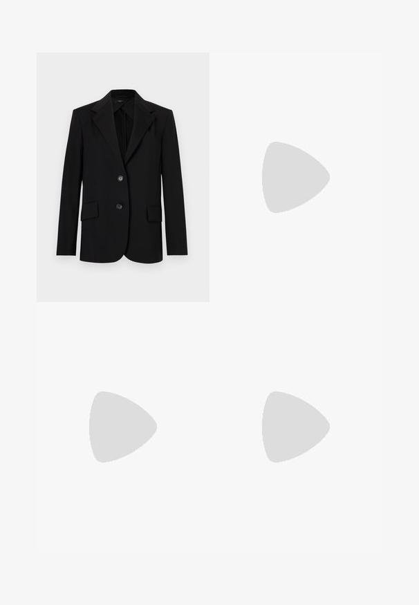 Schwarzer Blazer mit einem strukturierten Design, Reverskragen, zwei Fronttaschen und zwei Knöpfen. Hergestellt aus glattem Stoff mit einer taillierten Passform.; Schwarzes, kurzes Tanktop aus geripptem Stoff mit hohem Ausschnitt und breiten Trägern, das ein sauberes, minimales Design aufweist.; Schwarzer, taillierter Midi-Rock aus glattem Stoff. Verfügt über ein gerafftes Vorderdesign und einen drapierten, asymmetrischen Saum. Keine sichtbaren Beschläge oder Muster.; Schwarzer Leder-Slingback-Schuh mit einer spitzen Zehe, geschwungenem Design und einem runden, holzähnlichen Absatz. Verfügt über einen schmalen Knöchelriemen.