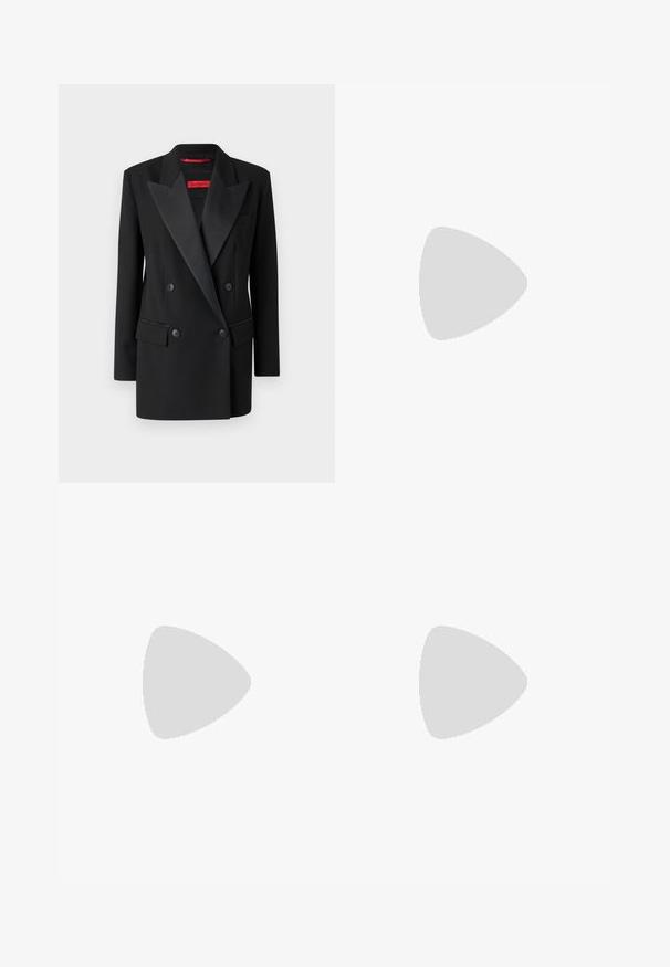 Schwarzer zweireihiger Blazer aus glattem Stoff mit Satinrevers, zwei frontalen Taschen und schmaler Passform. Rotes Markenlabel im Inneren.; Langärmliges, transparenter grauer Oberteil mit rundem Ausschnitt, ausgestattet mit schwarzen Steinen entlang des Kragens und der Schultern, glatte Textur.; Schwarze weite Hosen mit einem glatten Bund und einem eleganten, taillierten Design. Aus leichtem Stoff mit einer fließenden Textur gefertigt.; Filippa K REY FLAT - Klassischer Ballerina - black; Gucci Sonnenbrille - black/grey