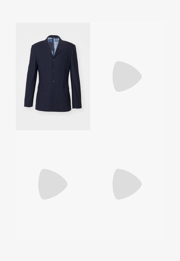 Navy blazer made of smooth fabric with a structured design. Features a notch lapel, six buttons, a front pocket, and two side pockets.; Long-sleeve shirt in light fabric with a floral pattern featuring shades of purple, blue, and beige; classic collar and button-up front.; Navy tailored trousers made of woven fabric, featuring a flat front, belt loops, and straight legs. No visible patterns or hardware.; Light beige leather sneakers with flat laces, a textured surface, and a contrasting cream-colored rubber sole, paired with black tapered pants.