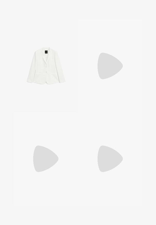 White linen blazer featuring a notched lapel, two front pockets, and a single button closure. Smooth texture and structured silhouette.; Massimo Dutti WITH NECKLINE DETAIL  - Long sleeved top - ochre; Wide-leg trousers in dark gray fabric, featuring front pleats, a smooth texture, and a tailored waistband with belt loops.; Black leather slingback sandals with an open toe, low heel, and silver circular hardware accent on the side. Smooth texture and simple design.