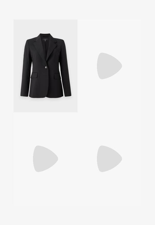 Black blazer with a sharp lapel, single button closure, two front pockets, and a sleek, smooth fabric texture. Tailored fit design.; Black structured top with an asymmetrical design, featuring pleats and a flared hem. Made from smooth fabric with a single shoulder strap.; Black tailored trousers with a straight, wide-leg design, featuring a smooth texture and a flat front with belt loops.; Black leather high heel shoe with a pointed toe and a round, balled heel. Smooth texture with a sleek, minimal design.