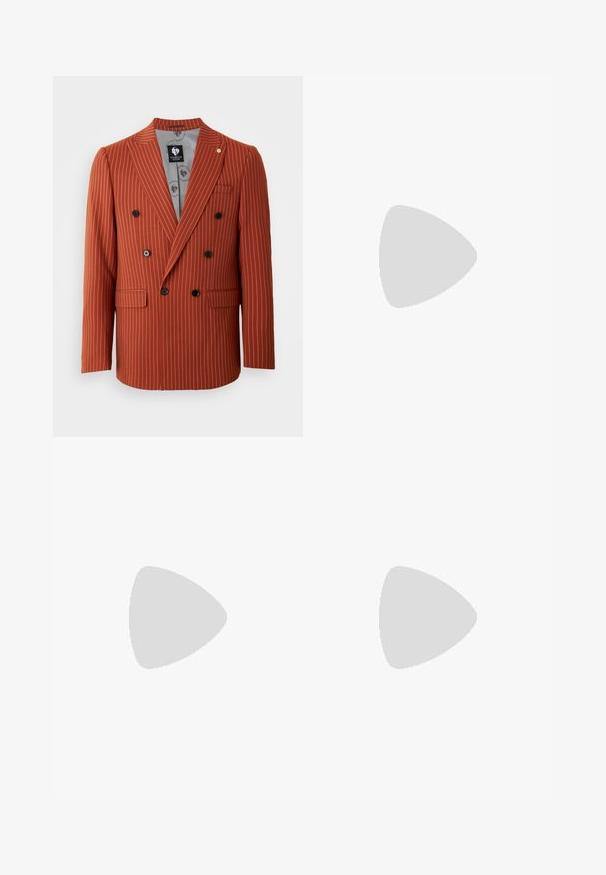 Double-breasted blazer in rust with white stripes. Features black buttons, notched lapels, and two front pockets. Lined with patterned fabric.; Set of five t-shirts in black, white, and navy blue. Cotton fabric, short sleeves, crew neck design, and plain texture with no patterns.; Green patterned trousers featuring a snake print design with shades of brown and orange, straight cut, and a smooth texture.; Black leather loafers with a smooth finish, rounded toe, and a small decorative flap. Features a low stacked heel and subtle branding detail.