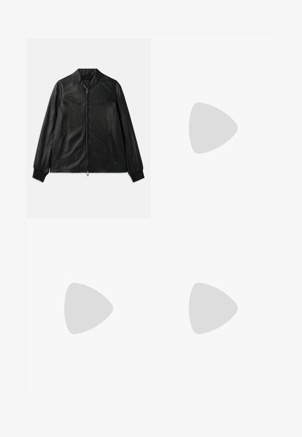 Black leather jacket with a stand collar, front zip closure, and two zippered side pockets. Features a smooth texture and tailored fit.; Black cotton T-shirt featuring a round neckline, short sleeves, and "EMPORIO ARMANI" logo in white above "Milano" in a curved design.; Black denim jeans featuring a large red graphic of a leaping cat on the back pocket, with contrasting yellow stitching along the seams.; Black suede sneakers with a rounded toe, lace-up front, padded collar, and textured rubber sole for grip. Minimalist design and smooth finish.