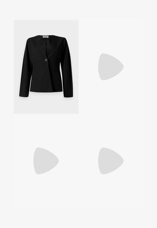 Blazer nero aderente con maniche lunghe, chiusura con un solo bottone e due tasche a fessura anteriori, esposto su uno sfondo bianco.; Abito in lino nero con corpetto aderente e gonna svasata. Spalline sottili adornate con perline decorative sulle spalle. Texture liscia.; Vagabond JOLIN - Ballerine - black; Borsa a tracolla in ecopelle nera con texture a coccodrillo, apertura cinchata e tracolla arricciata. Si presenta con un design morbido e compatto.