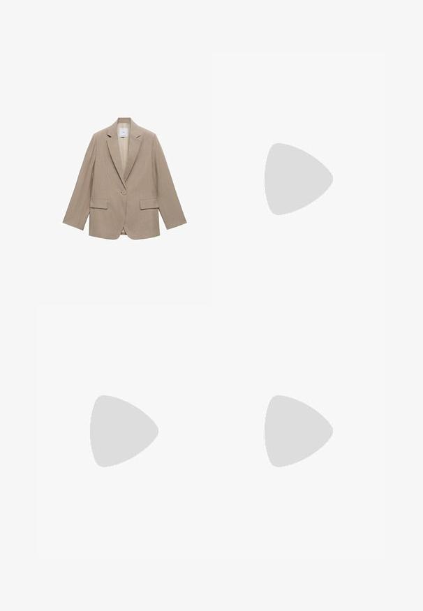 Beige blazer med ränder, lång ärm, utskurna slag, en enkel knapstängning och två framfickor. Slät textur.; Vit t-shirt med kort ärm i bomull. Har en rundad halsringning och en avslappnad passform. Slät textur utan synliga mönster eller detaljer.; Vita vida byxor i lätt tyg med elastisk midja och dragsko för justerbar passform. Mjuk textur.; Krämfärgade och lavendelfärgade sneakers med tre ränder och en texturerad brun sula, med snören och en vadderad häl. Mjuk tygobero.