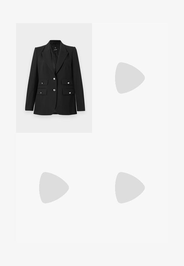 Musta bleiseri, joka on valmistettu sileästä kankaasta, jossa on lovellinen kaulus, kaksi nappisuljenta sekä kaksi etupuolen läppätaskua kiiltävillä hopeanvärisillä napeilla.; Vaalean beige lyhythihainen toppi, jossa on V-mallinen kaula-aukko ja kierretyt yksityiskohdat edessä. Sivut ovat rypytettyjä, mikä luo istuvan muotoilun.; Mustahkohalene must seelik, millel on volditud esiosa disain ja dekoratiivne metallaktsent vööl. Valmistatud venivast kangast.; Musta nahkainen korkokenkä, jossa on terävä kärki, nilkkaremmi ja ohut korko. Kengässä on sileä pinta ja kultainen yksityiskohta korkopohjassa.