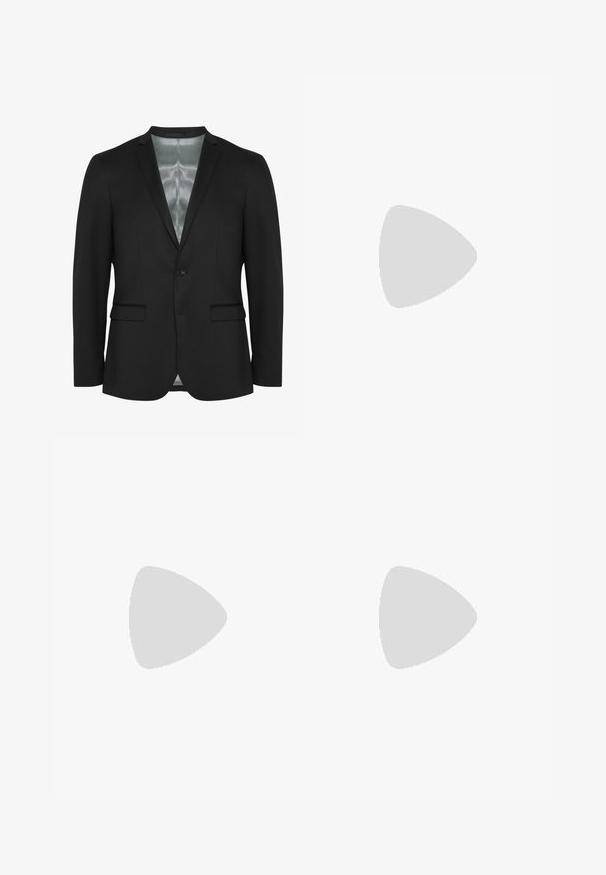 Must ning, slim-fit musta bleiser, ühekohaline kinnistus, kaks esist pocketit ja satiinvooder. Sile, tekstureeritud kangas klassikalise disainiga.; Valge puuvillane t-särk lühikeste varrukatega, ümar kaelus ja kontrastse õmbluse detail kaeluse ning varrukate ümber.; Mustad mustadest riietest, millel on sirge jalgade disain, kaks eesmist voltimist ja tavaline vöökoht, millel on vöökohad.; Mustavad sünteetilised jalatsid tekstureeritud pealsega, siledad aktsendid, pruun kand ja kontrastne tall. Omab minimaalset lukkude ja õmbluste dekoratsiooni.