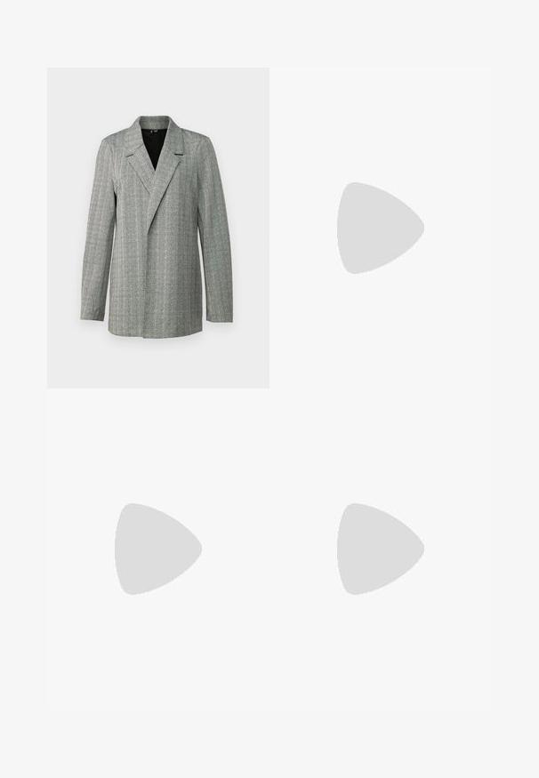 Szürke houndstooth blézer csúcsos hajtókával, egygombos záródással és hosszú ujjakkal. Textúrált anyagú, enyhe fényű.; Három szűkített T-póló fehér, szürke és fekete színben. Mindegyik széles, kerek nyakkal és rövid ujjakkal rendelkezik. Simább, elasztikus anyagból készült.; Fekete harangszárú nadrág, rugalmas anyagból készült, magas derékkal és sima felülettel. A nadrág a térdtől kezdve bővül.; Fekete bőrszárú stiletto cipő hegyes orral, nyitott hátsó résszel és masnira köthető bokapántokkal. Karcsú, 3 hüvelykes sarok. Simább textúrájú, minimalista dizájn.; Fekete bőr keresztpántos táska, sima textúrával, téglalap alakú és fém lánc részlettel az elején. Állítható pánttal ellátva.