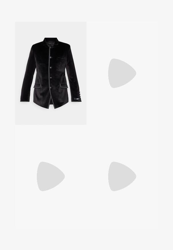 KARL LAGERFELD JACKET GLORY - Blazer jacket - black; Black cotton t-shirt with short sleeves featuring a small white graphic of a character with glasses on the left chest. Classic crew neck design.; White tailored trousers made from smooth fabric, featuring a flat front, side pockets, and a straight leg design.; Black leather sneaker with white sole, featuring a black and white logo, flat laces, and a smooth texture. Classic low-top design.