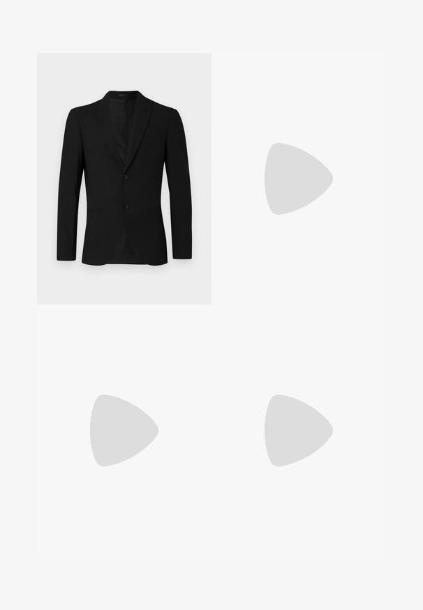 Black suit jacket featuring a notched lapel, single-breasted design, two buttons, and welted pocket; smooth texture and tailored fit.; Two black polo shirts, short-sleeved, cotton material, featuring a classic collar, two-button placket, and white striped accents inside the collar.; Black tailored trousers with a flat front, regular fit, made of smooth fabric, featuring pressed pleats and side pockets.; Black leather lace-up shoe with a smooth finish, rounded toe, and a low profile rubber sole. Minimalist design with no additional embellishments.