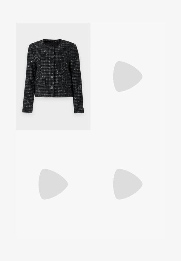 Veste à carreaux noir et blanc en tissu texturé, avec un col rond, des manches longues et six boutons à l'avant. Deux poches avant.; Deux t-shirts en coton blanc à manches courtes, à encolure ronde et à coupe ajustée, présentant une texture lisse et un design minimaliste.; Jupe crayon beige avec une texture rayée, une coupe droite et une fente sur le côté pour plus de mouvement. Fabriquée en tissu léger.; Sandale noire à talon haut avec une large bride, des accents cloutés et un design élégant; dotée d'une fermeture à boucle et d'une finition lisse.