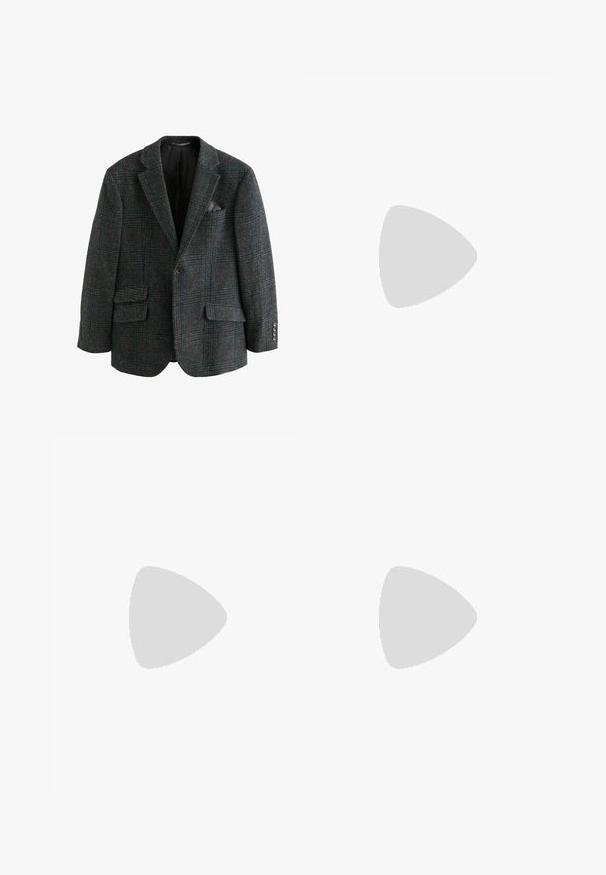 Wool blend blazer in dark gray with a plaid pattern in blue and green, featuring two front pockets, notched lapels, and button accents.; White long-sleeve shirt made of smooth fabric, featuring a classic collar, button front, and curved hem. Minimalistic design with no patterns.; Gray tailored trousers with a smooth texture, featuring a flat front and belt loops, paired with black dress shoes.; Black synthetic loafers with a prominent stitched front, cushioned insole, and flat rubber outsole; sleek design with minimal detailing.