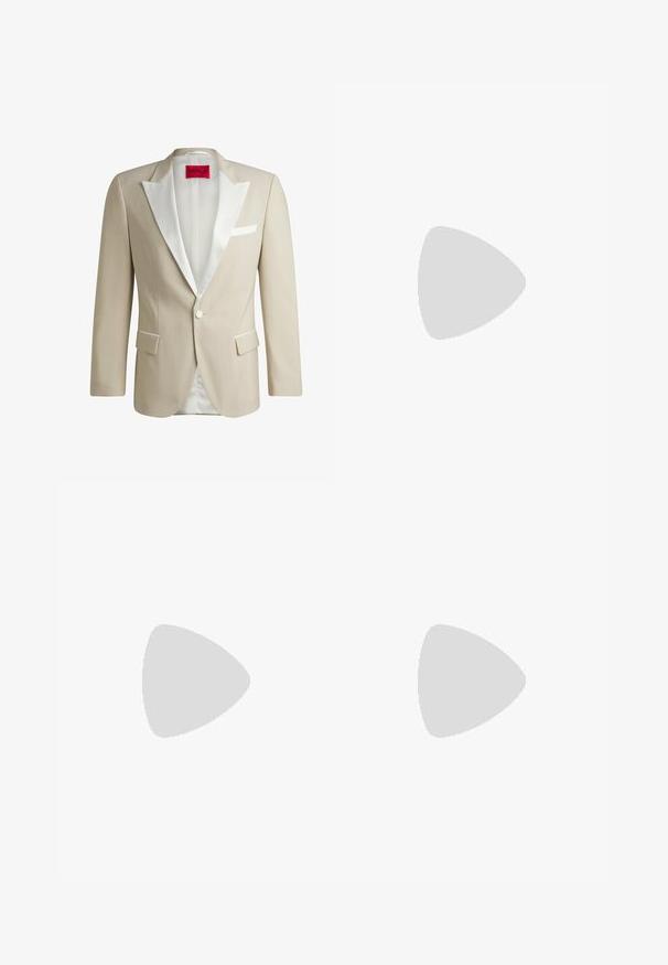 Beige formal blazer with white satin lapels, two front pockets, single button closure, and red label featuring “HUGO” on the interior.; White cotton t-shirt with a crew neck and short sleeves. Smooth texture, straight cut, no patterns or accents. Back view only.; Black, elastic-waist trousers with a straight-leg design, featuring a smooth texture and no visible patterns or hardware.; White athletic shoes featuring a textured knit upper, flat laces, and a cushioned sole with visible air chambers for added support.