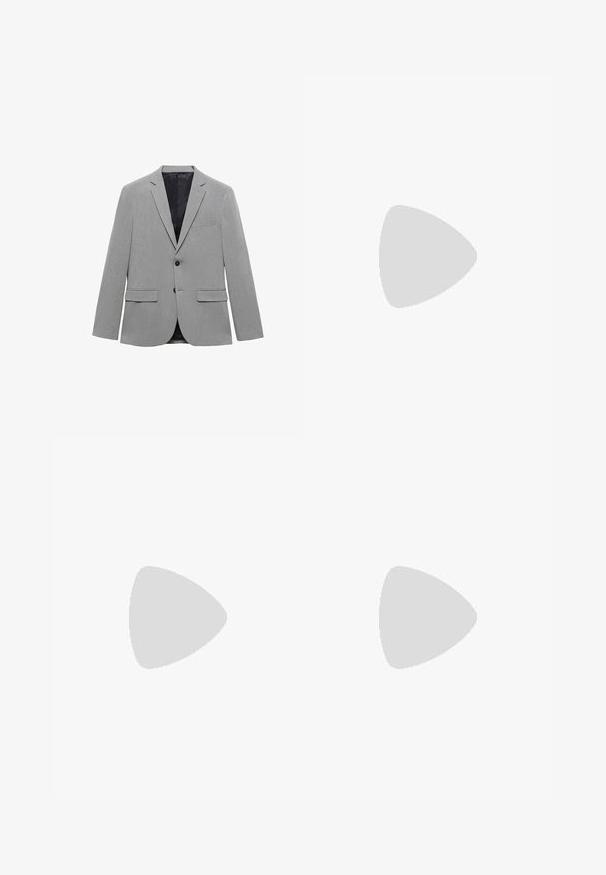 Light gray blazer made from textured fabric, featuring a single button closure, two front pockets, and a smooth black inner lining.; White short-sleeve t-shirts stacked, made of cotton. Features a round neck and a straight cut. Fabric appears smooth with no patterns.; Navy blue trousers with a slim fit and pinstripe pattern. Features a zipper fly, belt loops, and front pockets. Smooth fabric texture.; White low-top sneakers made of smooth leather, featuring a rounded toe, six eyelets for laces, and a textured rubber sole.; Black and silver sunglasses with a cat-eye shape, gradient lenses, and metallic accents on the frame. Plastic arms with grey tips.
