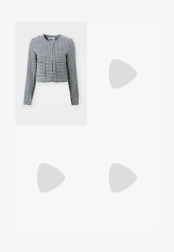 ONLY ONLTERRA JACKET - Žakete - night sky/white; Trīs garām piedurknēm veidotas augšdaļas, sakrautās: melna, pelēka un balta. Katram ir noapaļots kakla izgriezums un īsa dizaina forma ar gludu, vieglu audumu.; Burgundijas samta midi svārki ar gludu tekstūru, taisnu piegriezumu un nedaudz izplešamu apakšmalu. Nav redzamu rakstu vai detaļu.; Melni līdz ceļiem zābaki ar masīvu zoli, gludu ādas tekstūru, sānu rāvējslēdzēju un minimālistisku dizainu, apvienoti ar izgriezumu melnā svārku.