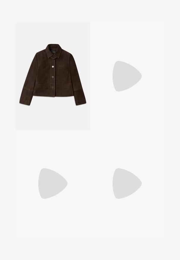 Pruunest sametist lühike jakk, millel on allaklapitav krae, ees nupuvajutusega kinnis ja broderi logo detail. Omab pikki varrukasid ja kahte eesmist taskut.; Valge lühikeste varrukatega soonikutega viimistletud ringkaelusega kampsun, millel on sile tekstuur.; WEEKEND MaxMara LIVIGNO - Püksid - avorio; Naiste leopardimustriga slingback-kingad madala blokkninahaga ja kuldse klambriga külgjah. Kujutatud külgprofiilis lihtsal taustal.