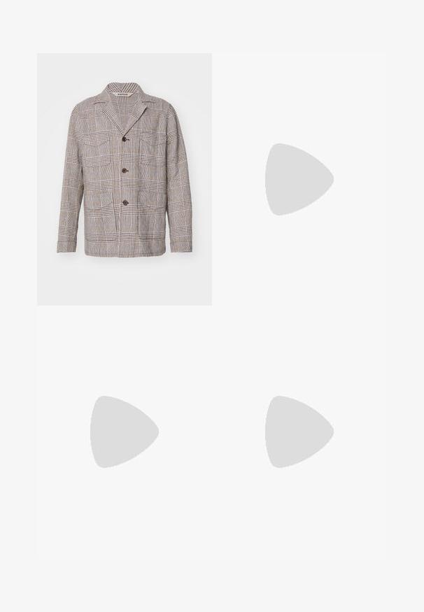 Lightweight brown plaid jacket with two front pockets, three brown buttons, notched collar, and a textured fabric finish.; White long-sleeve button-up shirt made of cotton, featuring a chest pocket with tonal embroidery, a collar, and button cuffs.; Brown, high-waisted trousers made of textured fabric. Features wide legs and two front pleats for structure. Neat finish with no visible hardware.; Black leather loafers with a smooth texture, rounded toe, and a decorative strap across the vamp. Low stacked heel, minimalist design.