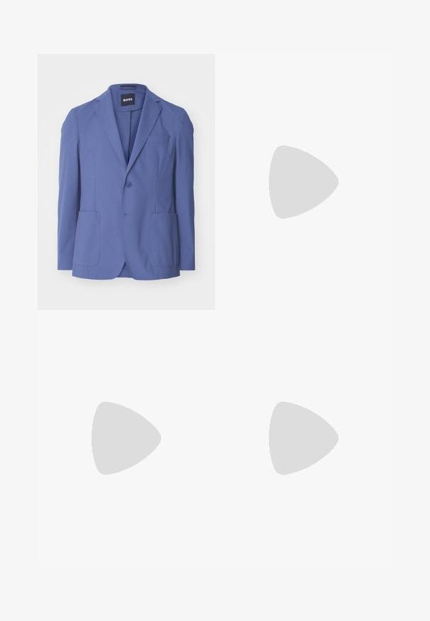 BOSS HANRY - Blazer jacket - navy; Blue cotton t-shirt, short sleeves, crew neck, solid color, smooth texture, straight hem, no patterns or embellishments.; Beige tailored trousers with a straight cut, featuring a single button waist closure, two side pockets, and flat front design.; Black slip-on shoe with a rounded toe, featuring a textured upper, smooth white sole, and subtle branding detail on the side.