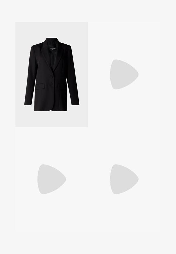 Black blazer with a tailored design, features a notched collar, two buttons, and two side pockets, crafted from smooth fabric.; White cropped T-shirt, short wide sleeves, soft cotton material, round neckline with subtle orange trim, minimal design, no patterns or graphics.; Black tailored trousers made from lightweight fabric, featuring a straight cut, flat front, and belt loops. Smooth texture with no visible patterns.; Black leather pump with a pointed toe and a chunky square heel. Smooth texture, simple design, suitable for formal settings.; HUGO Sunglasses - white