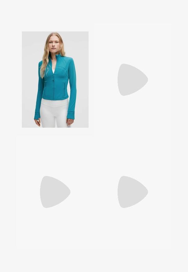 Teal zip-up athletic jacket with a fitted design, flat seams, and thumbholes. The material appears smooth and stretchy, suitable for activewear.; White fitted zip-up jacket made of soft, stretchy material. Features a side pocket with a zip closure and long sleeves.; White sleeveless top featuring pleats, lace trim, and a tie front. The fabric has embroidered detailing and a scalloped hem.; Beige high-waisted shorts with a smooth, stretchy fabric. Features a fitted design and mid-thigh length, paired with white sneakers and black socks.; Light beige sneaker with suede and mesh material, featuring white accents, laces, and a black rubber sole. New Balance logo on the side.; Tortoiseshell sunglasses with oval lenses, brown tint, and thin patterned sides. Lightweight plastic material with subtle gold accents.; Woven straw tote bag with brown leather handles, featuring a gradient from tan to pink and fringed top detailing. Textured surface.; Silver-tone hoop earrings with a row of clear stones and a round crystal pendant hanging from each. Polished metal, sleek design.