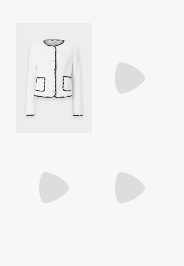 Veste blanche texturée avec des bordures noires en forme de vagues, boutons ronds en argent et deux poches avant avec des accents assortis.; T-shirt blanc à manches courtes avec des rayures horizontales bleu marine, avec un logo "Tommy Hilfiger" brodé sur la poitrine. Design classique à col rond.; Jupe plissée blanche avec une taille élastique noire portant le logo "LACOSTE". Design mi-long avec une texture douce.; Baskets en cuir blanc avec une épaisse semelle blanche, un accent en daim noir au niveau du talon et un logo embossé sur le côté. Design à lacets avec six œillets.