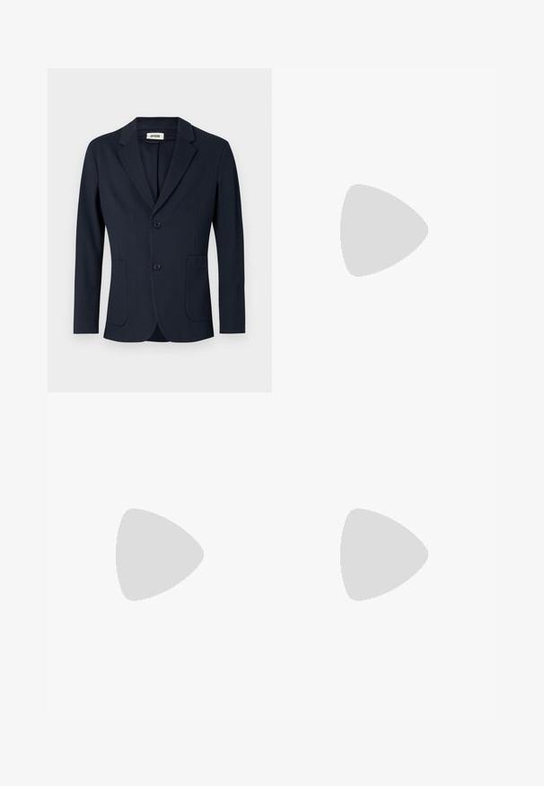 Navy tailored blazer with notched lapels, two front pockets, and two buttons. Features a smooth fabric and structured fit.; Black cotton t-shirt with short sleeves, featuring an embossed "Calvin Klein" logo on the front, round neckline, and a relaxed fit.; Black tailored trousers with a straight fit, made from smooth fabric. Features belt loops and crease detail along the front.; Black leather slip-on shoe with a rounded toe, stitched detailing, and black rubber sole. Smooth texture with minimalistic design.
