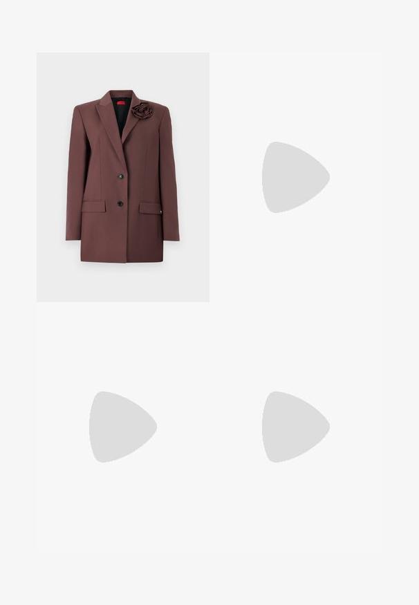 Brown blazer with a structured design, single button closure, front pockets, and a fabric flower accent on the collar. Smooth texture.; White cropped T-shirt, short wide sleeves, soft cotton material, round neckline with subtle orange trim, minimal design, no patterns or graphics.; Black trousers with a straight fit, featuring double pleats, a smooth texture, and a classic waistband design. No visible hardware or accents.; Black leather ankle boot with pointed toe, slim mid-height heel, and silver buckle detail on side against plain background.