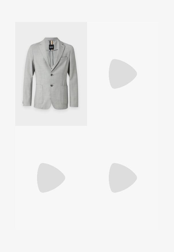 Light grey blazer made of textured fabric, featuring a notched lapel, two front pockets, and two-button closure. Label visible inside.; BOSS JOE KENT - Formal shirt - open white eleven; Beige cotton trousers with a straight-leg cut, featuring a button closure and pleats at the front for added detail.; White and light beige athletic sneaker, featuring a mesh upper, perforated detailing, and a textured midsole with branding on the heel.