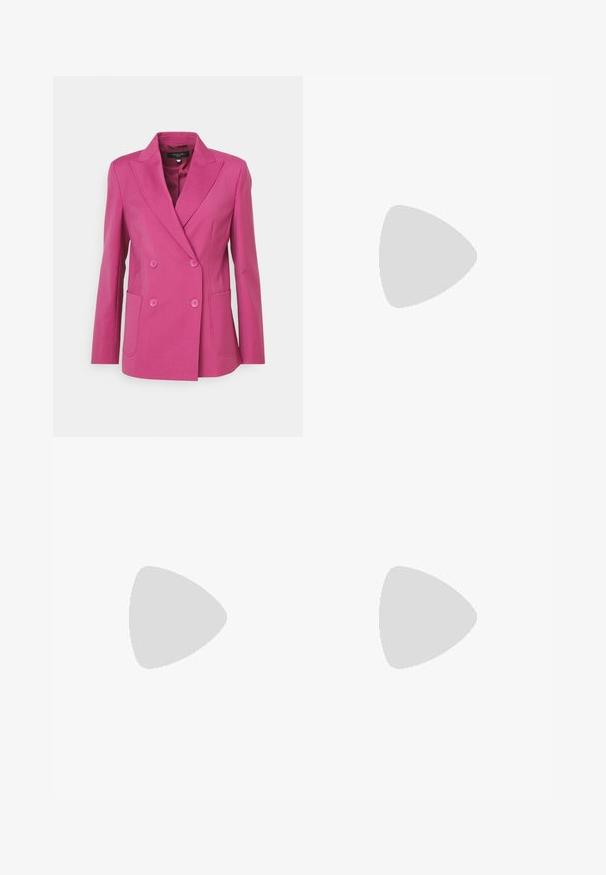 WEEKEND MaxMara NERVOSO - Bleizeris - fuxia; Balta trumpa rankovėmis marškinėliai, pagaminti iš pasiruošusio audinio. Apvali iškirptė, reguliari tinkamumas ir subtilūs siuvimo detalės. Be raštų ar grafikos.; Balta megzta midi sijoninė su tekstūruotu raštu, vertikaliomis linijomis ir išpjovomis arti apatinės dalies. Elastinga juostos dalis. Minkšta medžiaga.; Juodai odiniai baletai su apvaliu pirštu, lygi texture, minimalus siuvimo detales ir lanksčiu padų dizainu.