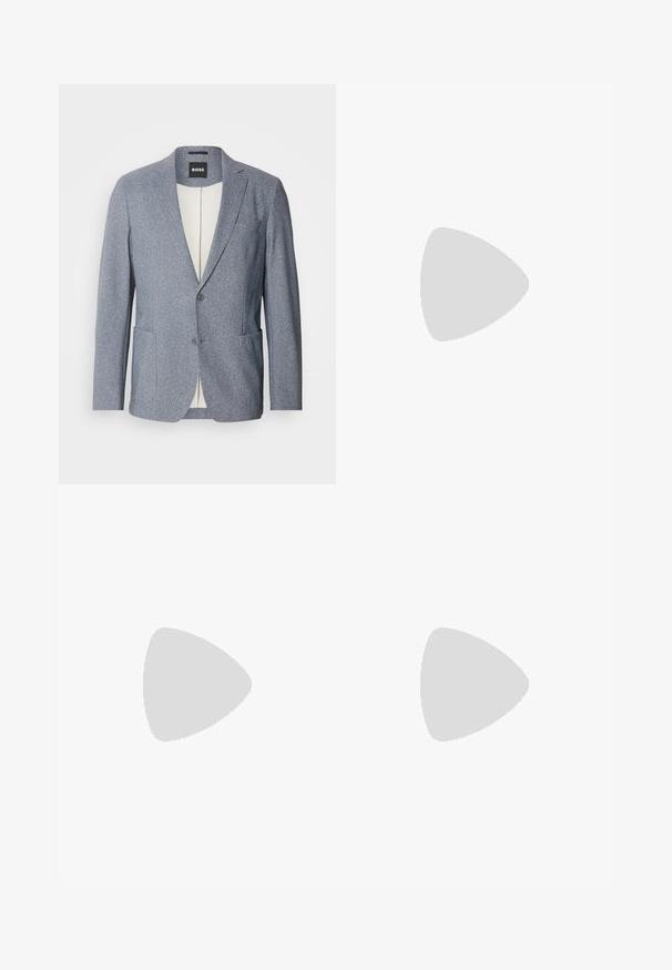 Relaxed-fit blue textured blazer with notched lapels, two buttons, and two front pockets. Inner lining is cream-colored. Made from fabric blend.; Black short-sleeve T-shirt made from a smooth cotton blend, featuring a crew neckline and a minimalistic design with no patterns or accents.; Black dress pants with a straight-leg design, made of smooth fabric. Features a front button closure and belt loops. Plain without patterns.; Black low-top leather sneaker with black laces and off-white sole shown in side profile on white background.