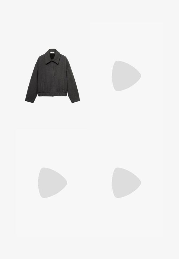 Mango Mezisezónní bunda  - grey; Bílá košile s dlouhým rukávem vyrobená z měkké látky, s kulatým výstřihem a rovnými okraji. Minimalistický design bez viditelných vzorů nebo akcentů.; Světle modré džíny z denimu se střihem rovného nohavice, pěti kapsami, zapínáním na zip a jemnou vybledlou texturou. Klasický styl s minimálním kováním.; Černé kožené mokasíny s hladkým povrchem, zdobené prošíváním a vyvýšeným pruhem na přední části, odpočívající na kovovém povrchu.; Černé plastové sluneční brýle se zelenými skly, čtvercové obroučky, stříbrný detail na obočí a texturované stranice. Značka uvedená na vnitřní straně stranic.