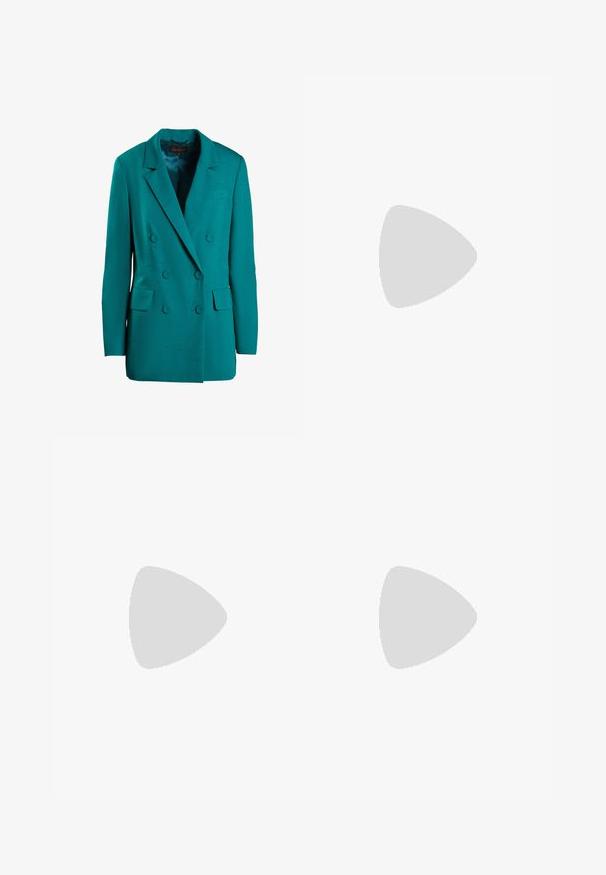 Teal double-breasted blazer made from smooth fabric. Features notch lapels, two front pockets, and round buttons.; On STUDIO CROP - Top - niagara; On STUDIO - Leggings - niagara; Light beige athletic shoe with mesh upper, minimalistic design, rounded toe, and cushioned sole featuring segmented cut-outs for flexibility.