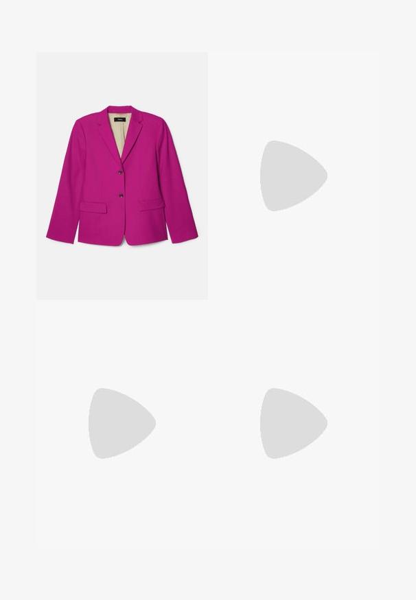 Fuchsia blazer with a notch lapel, two front pockets, and two brown buttons. Lined interior with visible brand label.; White cotton t-shirt with short sleeves, round neckline, relaxed fit, and stitched hem. Label visible on the inside neck.; Fuchsia wide-leg trousers with a smooth texture, featuring front pockets and a tailored design for a structured appearance.; Black pointed-toe high heel shoe with a crocodile-skin texture, featuring a sleek design, high stiletto heel, and smooth black interior.