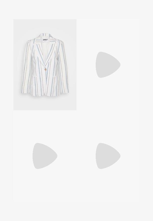 Striped blazer in white with blue and brown vertical lines. Features a single button closure and two front pockets. Tailored design, not lined.; Even&Odd Petite 2 PACK - Top - light grey/black; Black tapered pants made of stretchy fabric, featuring a drawstring waist, two front pleats, and a smooth texture.; Black leather midi skirt with a smooth texture; features a waistband and side pockets. Paired with glossy black heeled shoes.; Tortoiseshell sunglasses with rectangular brown lenses, a thick frame, and slim arms featuring a pattern of varying shades of brown.; Gold hoop earrings with a smooth, shiny finish. Circular design featuring a small post and clear backing for secure wear.