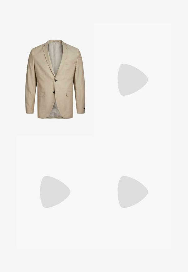 Beige sako s texturovanou tkaninou, s jednořadým zapínáním, klopami, dvěma knoflíky a jednou náprsní kapsou. Podšívka uvnitř.; Černé polo tričko s krátkým rukávem vyrobené z hladkého materiálu, s klasickým límečkem a zapínáním na tři knoflíky; má rovný spodní lem.; Next SIGNATURE - REGULAR FIT - Kalhoty - neutral; Černé syntetické mokasíny s výrazně prošívanou špicí, měkkou stélkou a plochou gumovou podrážkou; elegantní design s minimálním zdobením.; Sluneční brýle s kovovým zlatým rámem a tmavě zelenými skly, styl aviatorek, s úzkými obroučkami a želvovinovými akcenty na špičkách.