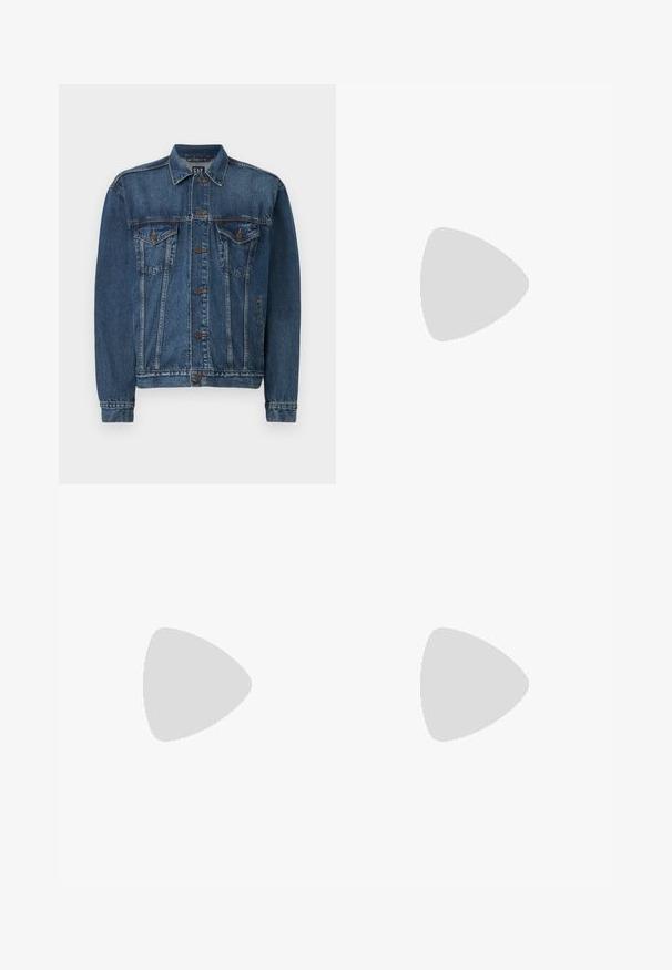 Chaqueta de denim en azul oscuro, con cierre de botones al frente, dos bolsillos en el pecho y costuras decorativas a lo largo de las costuras y los puños. Estilo de cuello estándar.; Tres camisetas sin mangas en gris, blanco y negro. Material de algodón suave con cuello redondo y corte relajado. Diseño simple, sin patrones.; Pantalones cortos de mezclilla negra con un ajuste relajado, diseño de cinco bolsillos y cierre de botón. La tela tiene una textura suave con un desgastado sutil.; Zapatilla gris y blanca con parte superior de ante y cuero, puntera redondeada, cordones planos y suela de goma con un acento de goma.