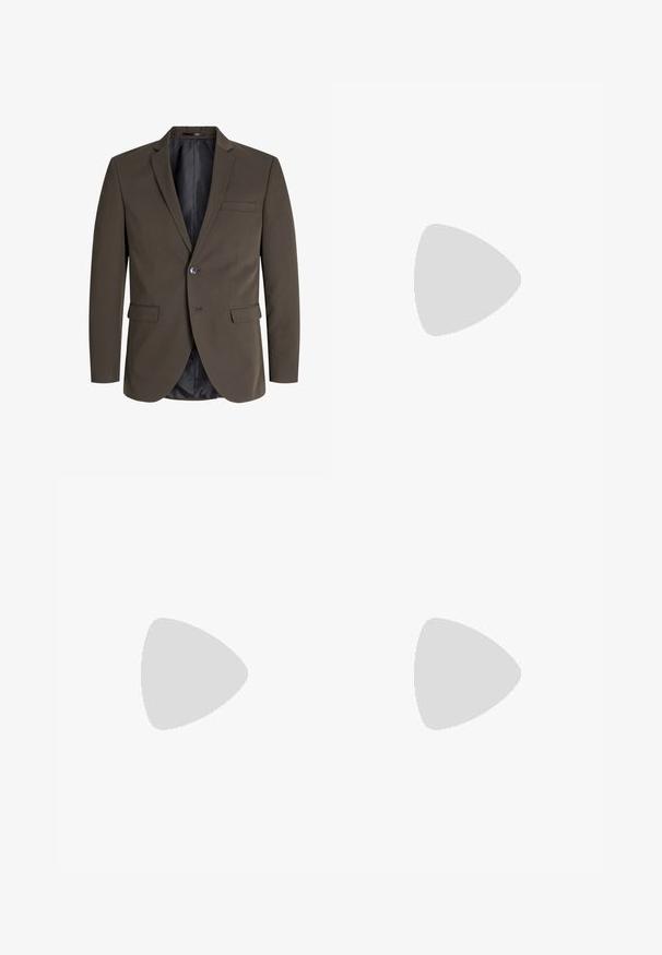 Dark brown blazer with a single button, two front pockets, and a notch lapel. The interior is lined in black fabric for contrast.; Black cotton t-shirt with a crew neckline, short sleeves, and a relaxed fit. Smooth texture and no visible patterns or accents.; Black trousers made of smooth fabric, featuring a straight-leg design, two front pleats, and standard waistband with belt loops.; Black leather dress shoes with a smooth finish, featuring laces and a rounded toe, paired with rolled-up khaki trousers.