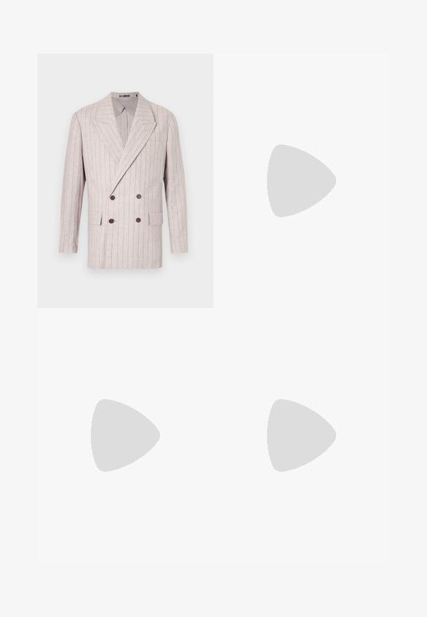 Double-breasted blazer in light beige linen with subtle pinstripes, featuring wide lapels and dark brown buttons. Two front pockets included.; Navy long-sleeve shirt made of smooth fabric, featuring a button-up front, structured collar, and dark buttons for contrast.; White pants made of lightweight fabric, featuring a straight-leg design, a single brown button at the waist, and minimalistic styling.; Steve Madden BRENT - Trainers - white