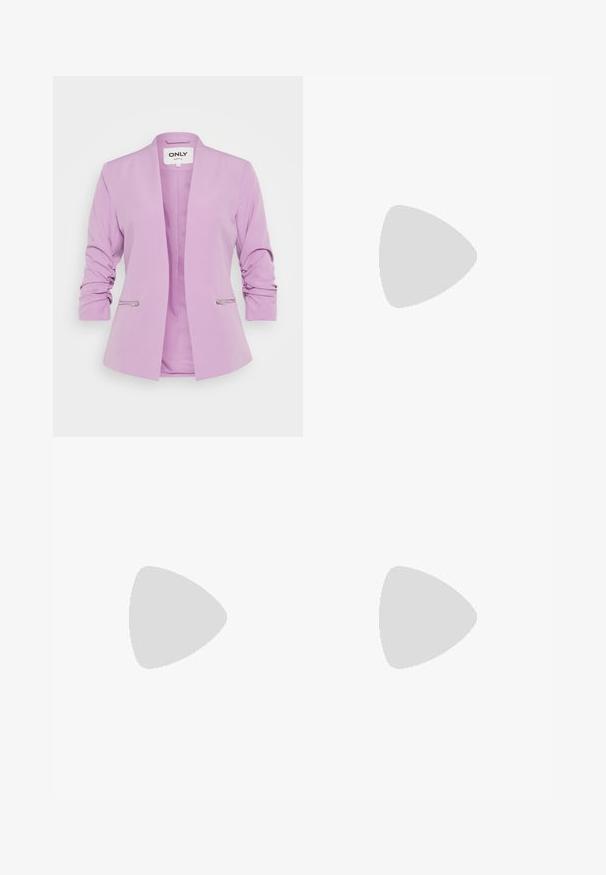ONLY Petite ONLBERRY 3/4 ZIP - Bleiser - violet tulle; Kaksik ribidega lühikesed toppid valges, heles rohelises ja mustas värvitoonis. Igal on ümar kaelus ja ilma varrukateta disain. Pehme puuvillane materjal.; Mustade teksad, millel on kitsas lõige, kõrge talje, traditsiooniline viie tasku disain ja peene tekstuur. Pöidla pikkus, minimaalsed metallosade aktsendid.; Must musta kõrge kontsaga king, millel on terav varvas, kaardus disain ja õhuke 5 cm konts. Sile tekstuur minimaalse kaunistusega.; Hõbedased rõngastikandid, millel on tähtkujuline ripats, mille keskel on sädelus; sisaldab teist paari lihtsaid hõbedasi rõngaid.