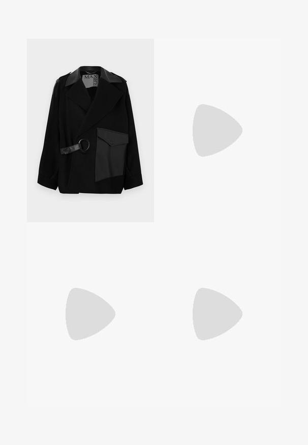 Black wool blend coat with leather-accented collar, asymmetrical front, side pocket, and a leather strap with a metal ring.; Black long-sleeve turtleneck top made of smooth fabric, featuring a ruffled neck and fitted silhouette with simple edges.; Black, floor-length skirt with a smooth texture, wide waistband, and pleated design, featuring no visible patterns or embellishments.; Black pointed-toe mule with a sleek design, made of smooth fabric, featuring a slender heel and open back for easy wear.