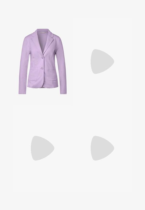 Light purple blazer made of soft fabric, featuring a notched collar, two front pockets, and a single button closure.; Striped t-shirt made of cotton with navy and white horizontal stripes, features a round neckline and short sleeves. Smooth texture.; Wide-leg brown jeans made of denim, featuring a high waist, front pockets, and a classic button closure. Smooth texture with subtle stitching.; Brown leather sandal featuring crisscross straps, an ankle buckle closure, and a flat sole with minimal stitching details.
