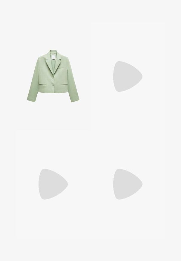 Cropped blazer in light green fabric with a notched collar, two buttons, side pockets, and a single chest pocket. Smooth texture.; Stradivarius PACK OF 2 - Top - black; Black leggings made of stretchy fabric, featuring a seamless waistband and a slim fit design, suitable for casual wear or exercise.; Brown leather slide sandal with crossed straps, flat sole, and a smooth texture. Simple design without embellishments or patterns.; Sunglasses with an oval shape, clear plastic frame, dark gray lenses, and thin transparent arms featuring logo accents and minimal detailing.