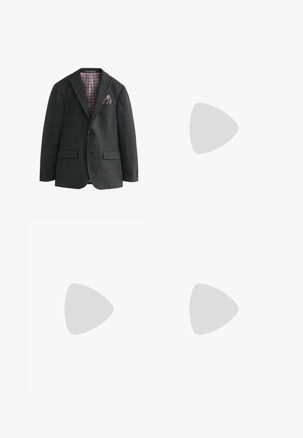 Next REGULAR FIT CHECK - Anzugsakko - charcoal grey; Helles grünes Baumwoll-T-Shirt mit rundem Crew-Halsausschnitt, kurzen Ärmeln und einem dezenten Markenlogo auf der Brustmitte.; Weit geschnittene Hosen aus dunkelgrauem Stoff. Merkmale sind Falten an der Taille, ein maßgeschneiderter Schnitt und eine gerade Silhouette.; Schwarze Leder-Oxford-Schuhe mit Schnürdesign, runder Zehenform, flacher Gummisohle und subtilen Nähten entlang des oberen Teils.