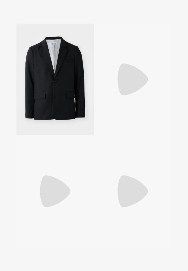 Black blazer made from textured fabric with a single button closure, notched lapels, and three pockets, including one chest pocket.; White short-sleeve t-shirt made of cotton, featuring a round neckline and relaxed fit with straight hem. No patterns or embellishments.; Black trousers made of smooth fabric, featuring a straight-leg design, two front pleats, and standard waistband with belt loops.; Black leather loafers with a smooth finish, rounded toe, low heel, and decorative stitching along the front. Rubber outsole for grip.