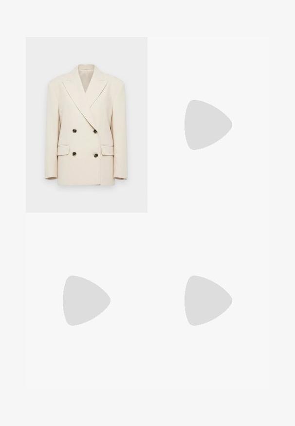 Cream-colored double-breasted blazer with wide lapels and four dark buttons, featuring two flap pockets and structured shoulders.; Black knitted short-sleeve sweater with a round neckline. Features a ribbed texture and a straight-cut hemline. Label on the inside collar.; Black wide-leg trousers featuring a smooth finish, flat front, belt loops, and a single button closure at the waist.; Black leather loafers with a chunky sole, featuring a gold-tone accent on the front and a smooth finish. Chunky tread design on the sole.