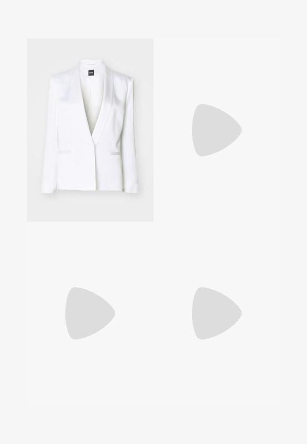 White tailored blazer with a satin finish, shawl collar, and front flap pockets. Features structured shoulders and long sleeves.; White cropped blouse made of lightweight fabric, featuring a collar, short sleeves, and front button closure with pleated accents.; Light blue plaid shorts made of textured fabric, featuring a loose fit and pleats for added detail.; Suede knee-high boot in beige with a slouchy design, pointed toe, and a sturdy, grooved block heel. Smooth texture and streamlined shape.; Small beige handbag with a textured finish, gold hardware, dual top handles, and a removable strap featuring "VALENTINO" in bold lettering.