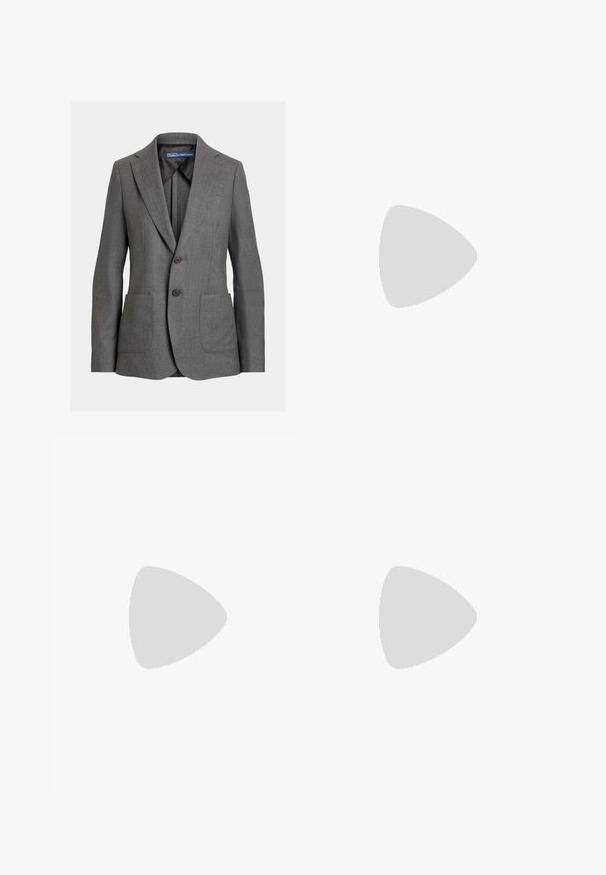 Gray tailored blazer with notched lapels, two brown buttons, and two front pockets. Made from textured fabric, suitable for formal wear.; White sleeveless sweater made of smooth cotton, featuring a ribbed hem and a small navy logo on the bottom left. Simple design, no patterns.; White tailored pants featuring a high waist, double front pleats, and wide legs with folded cuffs. Made from a smooth, textured fabric.; White leather sneaker with flat laces, rounded toe, and subtle stitching details. Features a textured sole and embossed brand logo on heel.
